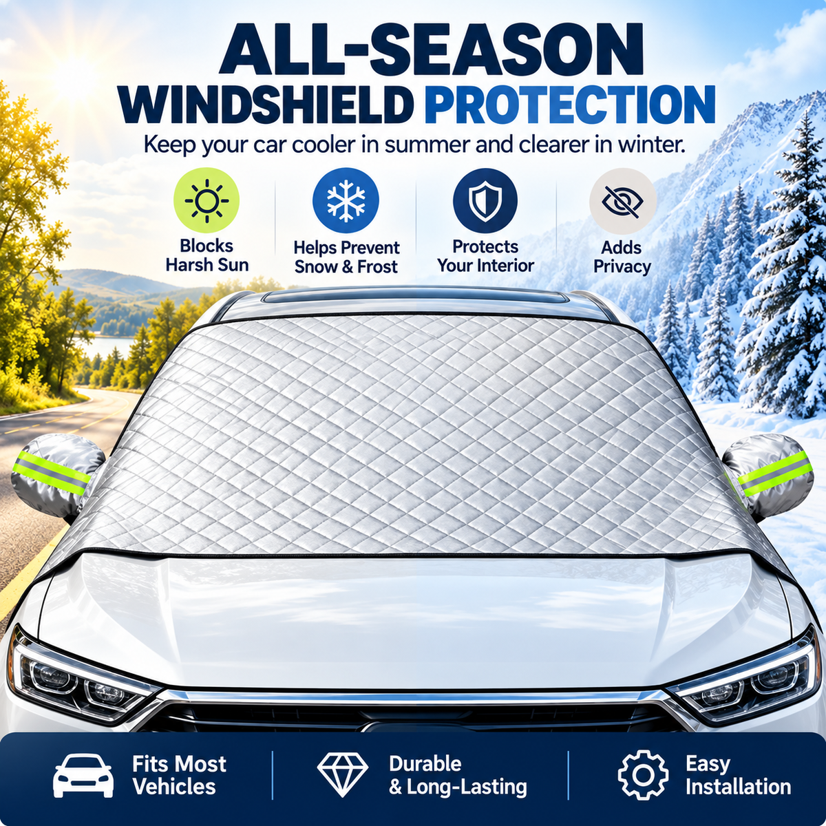 Magnetic Windshield Cover - All-Season Sun, Snow & Frost Protector for Cars, SUVs & Trucks