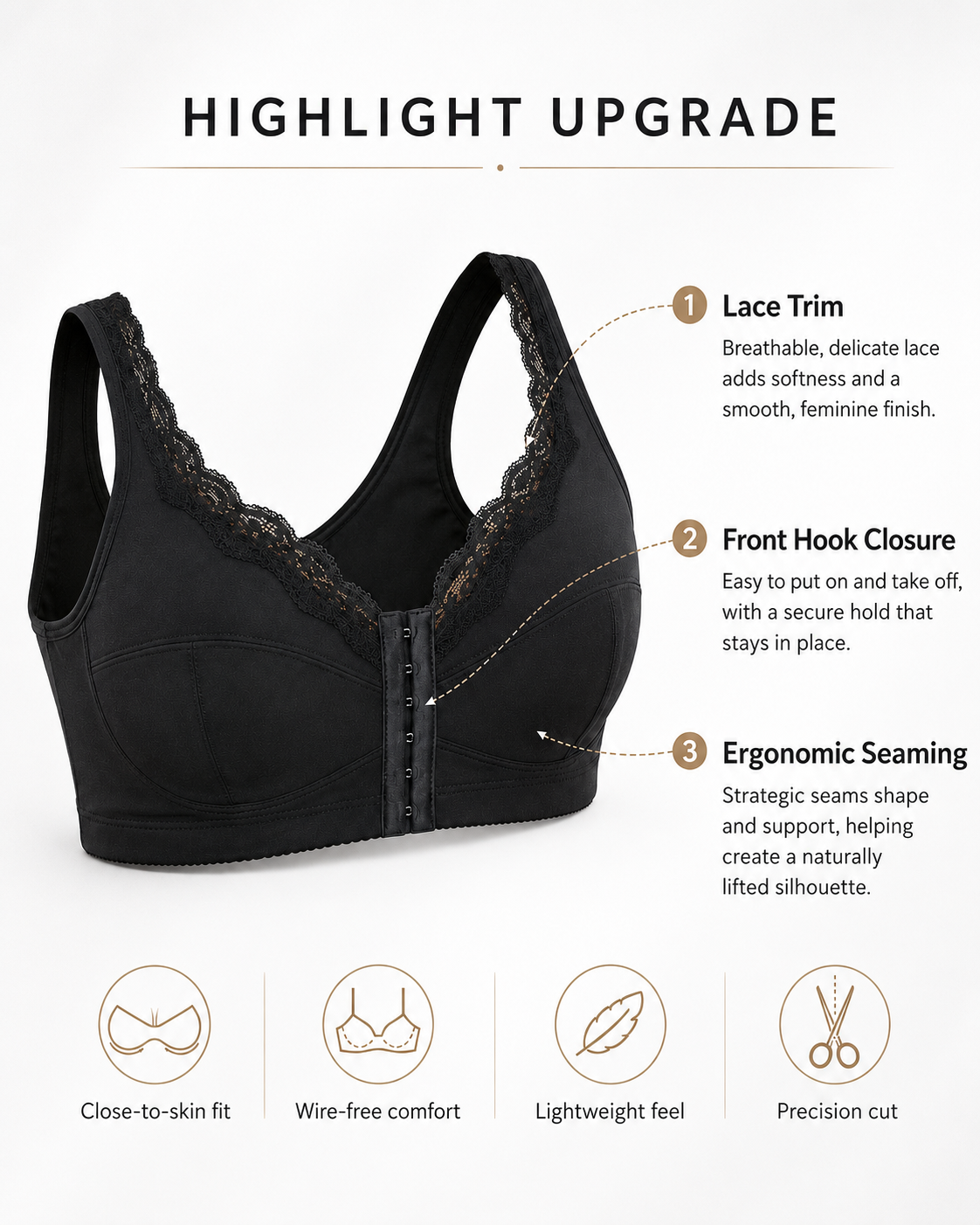Senairy Wireless Lace Front Closure Back Support Bra